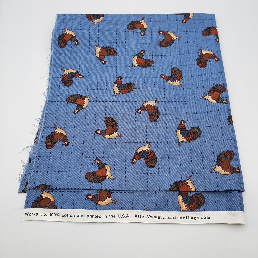 Cranston Print Works Chickens Blue Cotton Fabric 19 x 44 Inch Piece New Unwashed