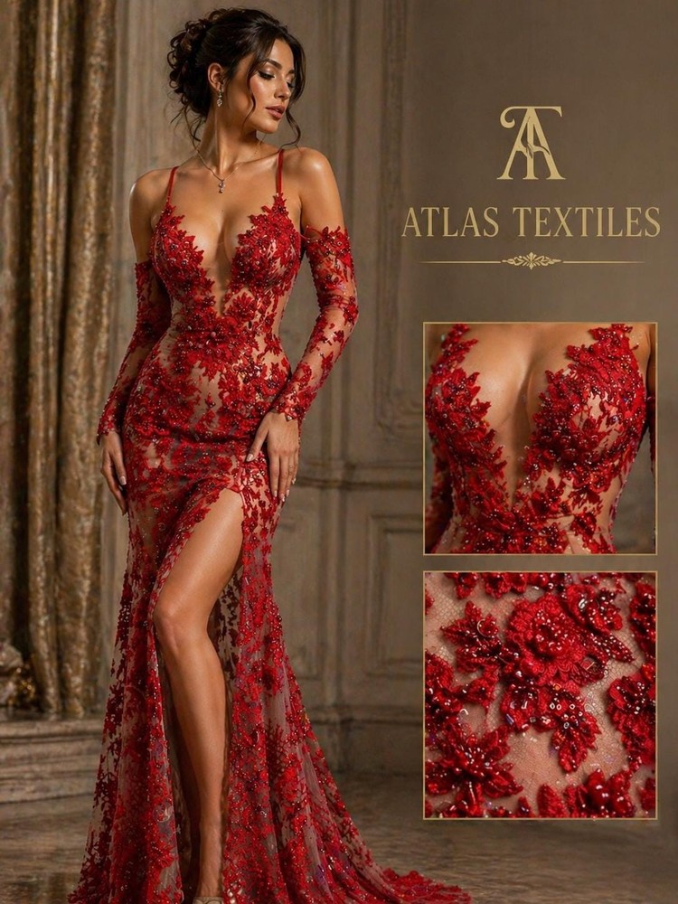3D Floral Lace Fabric Luxury Red Beaded Embroidered Bridal Evening Dress