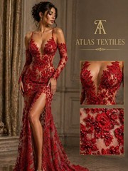 3D Floral Lace Fabric Luxury Red Beaded Embroidered Bridal Evening Dress