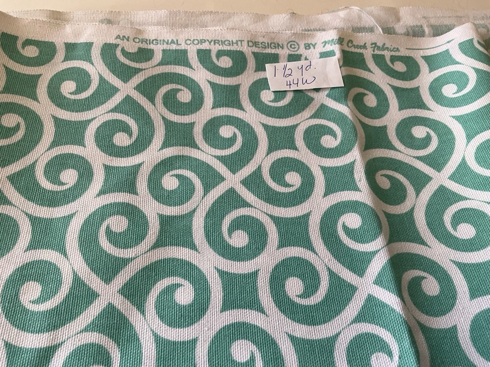 Outdoor Indoor Fabric Sewing Material Teal White Scrolls 1 1/2 Yards 44 Wide