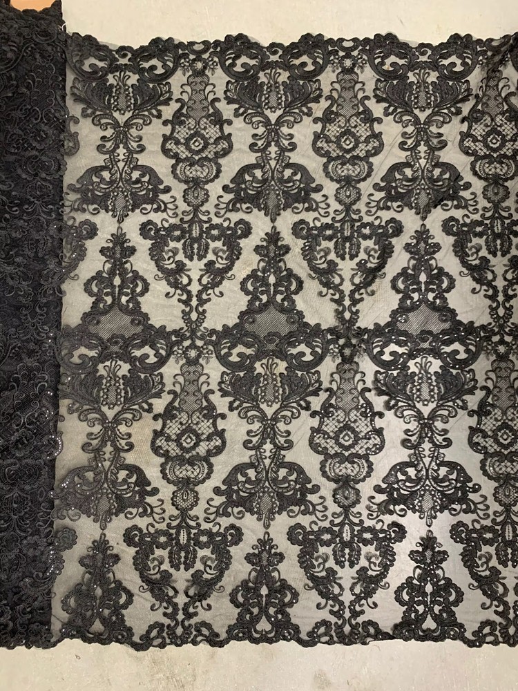 Vivian BLACK Polyester Embroidery with Sequins on Mesh Lace Fabric by the Yard