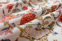 Hand Block 5 Yard Print Floral Indian White Craft Dressmaking Running Fabric Art