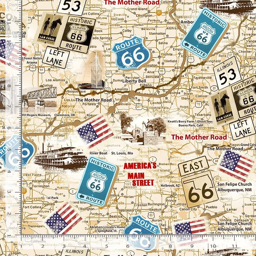 Route 66 Travel Vacation Fabric – By The Yard – Cotton Timeless Treasures CD3060