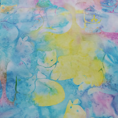 Pastel Blue Pink Yellow Watercolor Tie-Dye Fabric w/ Cats Craft Quilt 54 x 43in