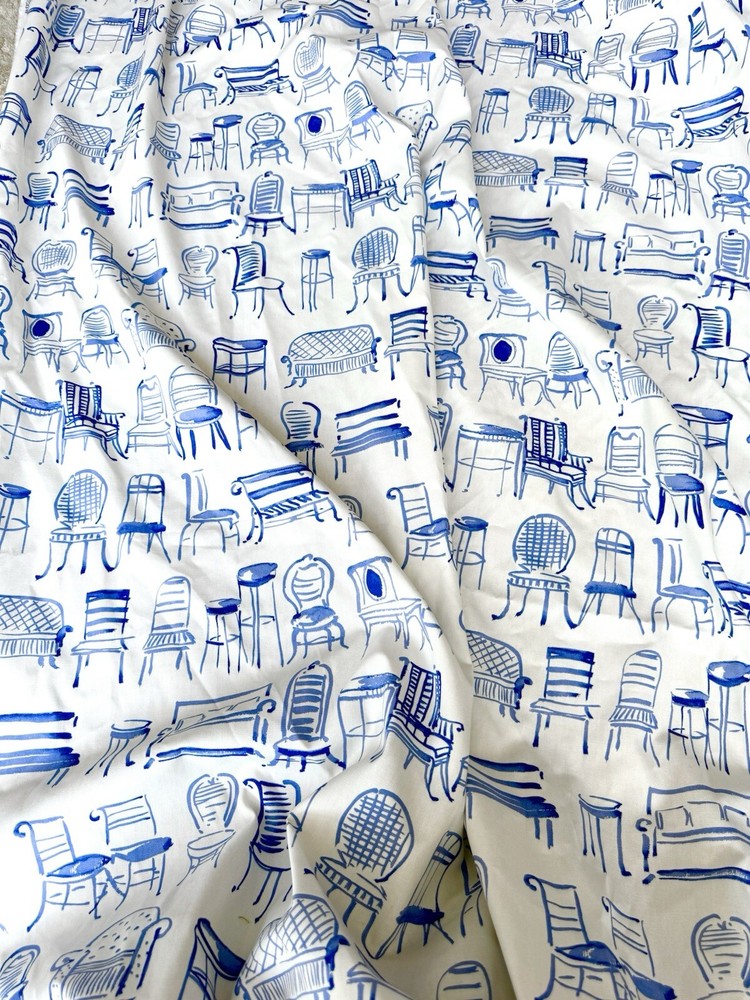 Vtg Spectrum Decorator Fabric 8 Yds Novelty Furniture Sketch Print Blue White