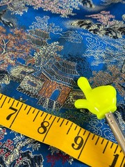 6yds Japanese Temple Courtyard Blue Silk Brocade Fabric Cherry Blossom Vtg READ!