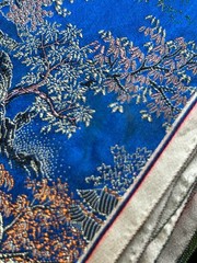 6yds Japanese Temple Courtyard Blue Silk Brocade Fabric Cherry Blossom Vtg READ!