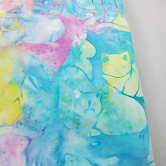 Pastel Blue Pink Yellow Watercolor Tie-Dye Fabric w/ Cats Craft Quilt 54 x 43in