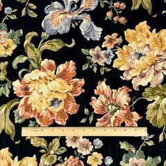 Vintage Mill Creek Floral Stripe BLACK Cotton Drapery Curtain Pillow Fabric BTY