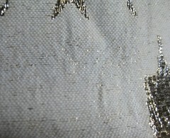 vintage 2-1/2 yd METALLIC & Cotton (?) FABRIC Gold & Silver on Cream 43″w. washd