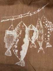 Primitive Hanging Fish Linen Fabric Panel | Rustic Folk Art Fabric | 13×17 Inch