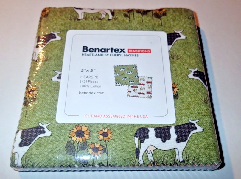BENARTEX TRADITIONS COTTON FABRIC ~ HEARTLAND ~ COWS ~ 5″ X 5″ PACK ~ 42 PIECES