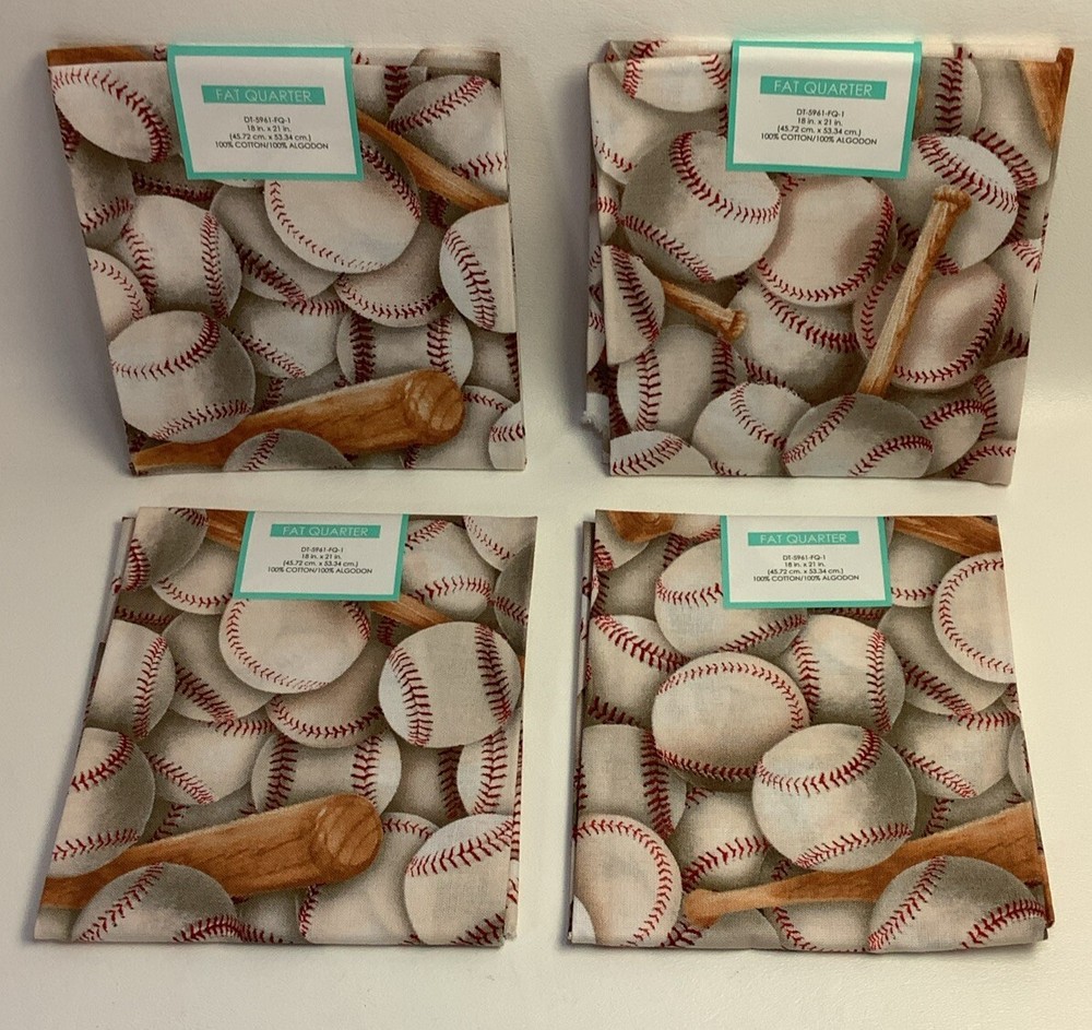 Lot Of 4 Fat Quarters Baseballs Bats Sports – 18″ x 21″ Precut Cotton Fabric