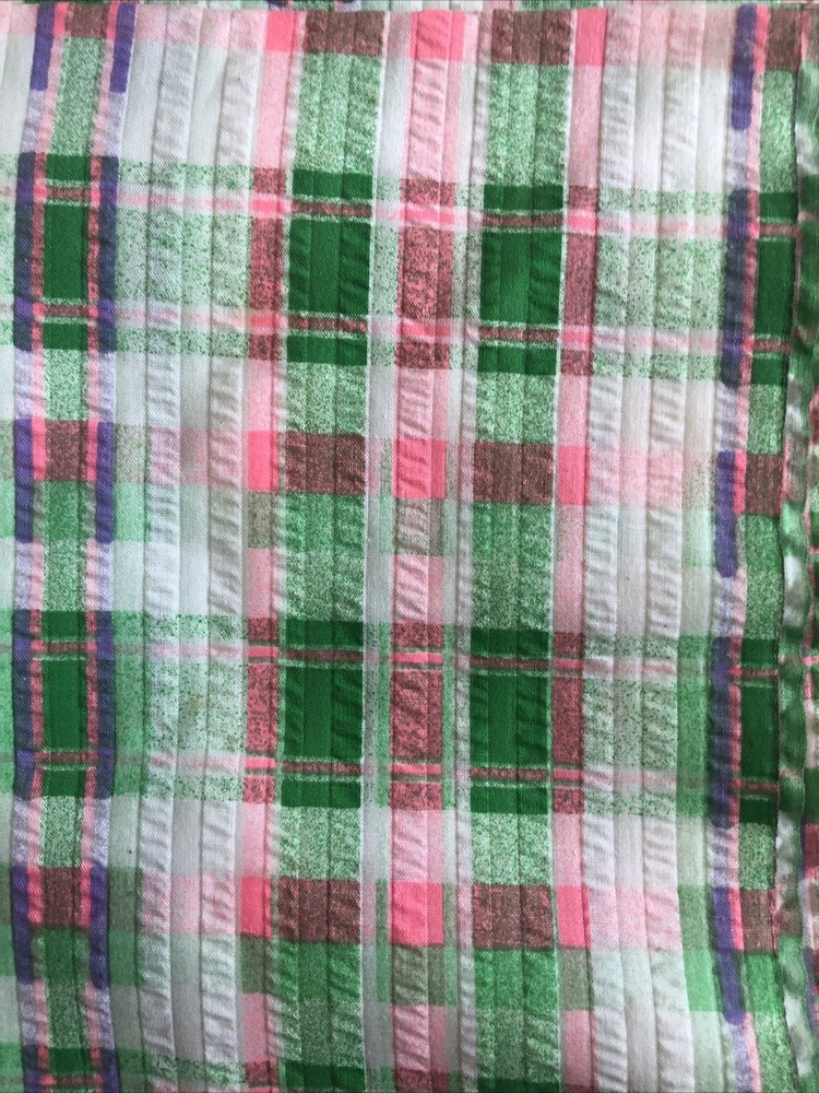 Vintage Seersucker Fabric 3 Yards Pink Green Plaid Check 45 Inch Wide