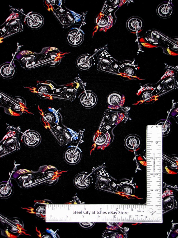 Motorcycle Fabric Flames Bikes In Motion Cotton 281 Elizabeths Studio By Yard