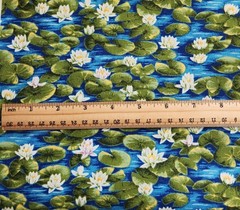 VTG Quilt Fabric Water Lilies on a Blue Pond 1 yd x 44″ WOF by Classic Cottons