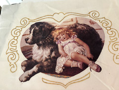 Vtg 12X12″ Victorian SLEEPING GIRL DOG PANEL Cotton FABRIC Pillow TOP Quilt