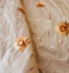 Embroidered 100% Silk Dupion Taupe Gold Florals Swirls 54″W BTY Light Weight