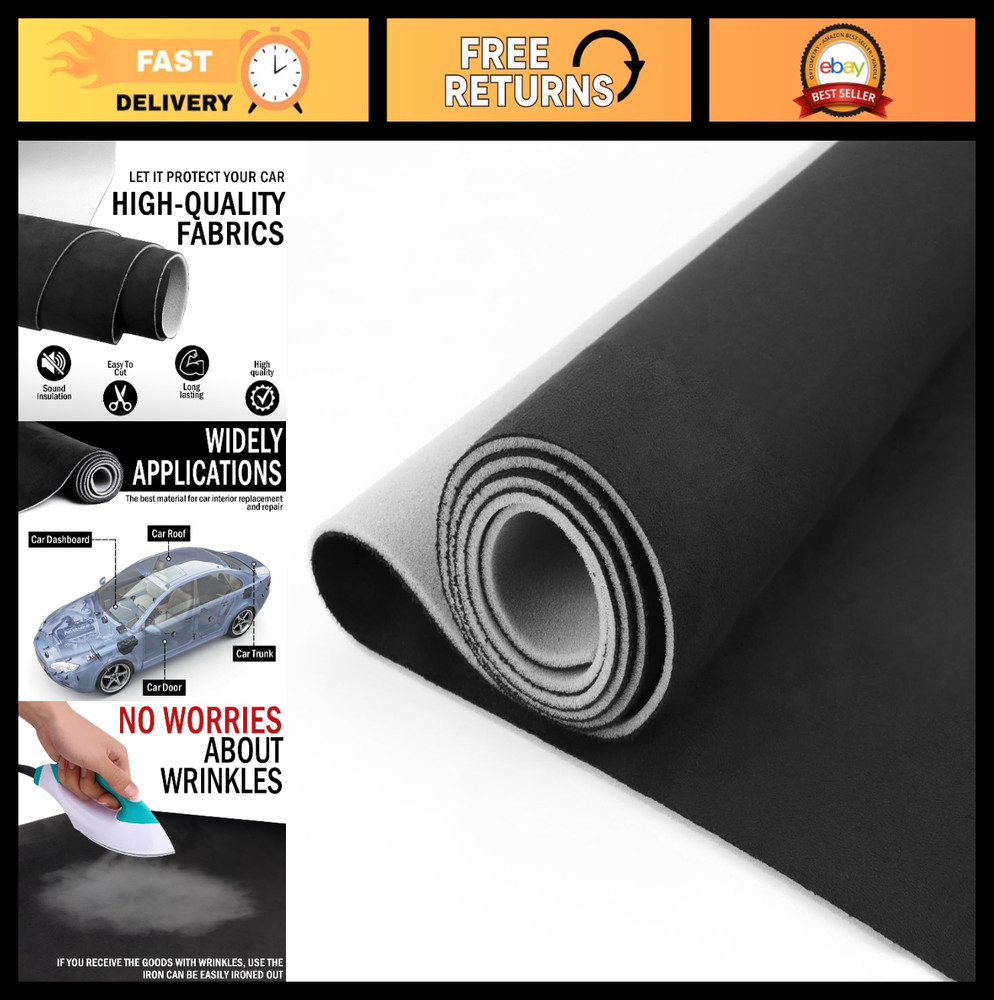 Black Suede Headliner Fabric 96″ x 60″ Foam Backing for Auto Roof, Car, SUV, RV