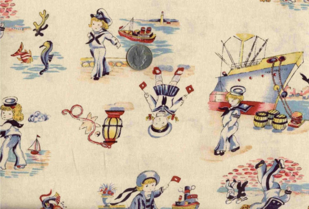 1940s Vintage Style SAILORS *STORY BOOK* Marcus Bros. Ivory/Cream Fabric 1 YARD