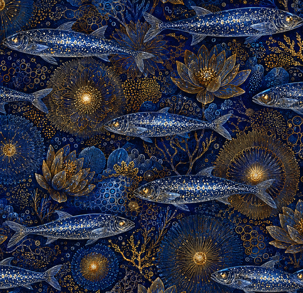 Blue and gold fish Printed Cotton Fabric By The Yard