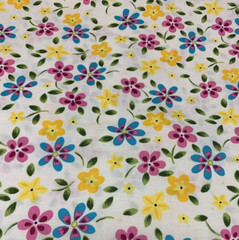 OOP Floral Fabric Pink Yellow Green Fuchsia Turquoise Blue On White Cotton 1+Yds
