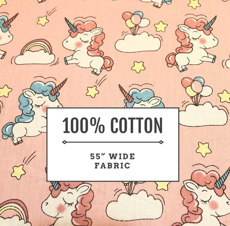 60” Width 100% Cotton Pink Blue Unicorn Fabric 1 Yard Piece Sewing Quilting