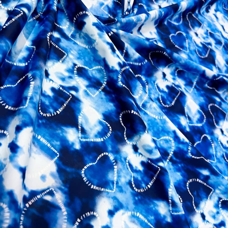 Blue Hearts Print Spandex 4-way Stretch Fabric 60″ wide Swimsuit By the Yard