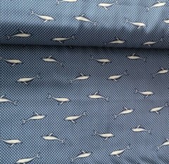 Whales on Blue w/ White Oblong Dots Viscose Shirting from Telio! OEKO-TEX