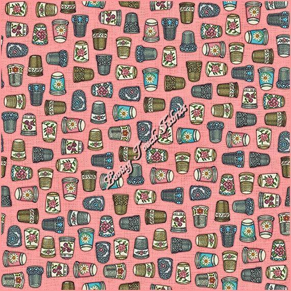 “THIMBLE PLEASURES” QUILTING TREASURES SEWING THEME FABRIC PRICED @ 1/2 YD PINK