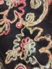 Embroidered Black Netting Fabric With Multicolored Wool Thread