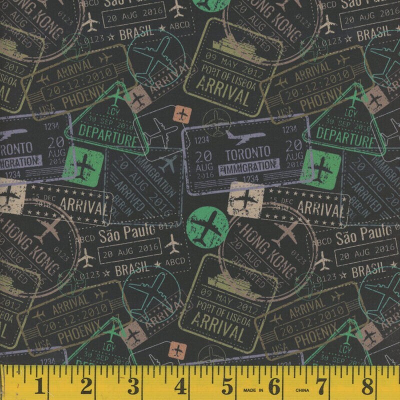 Cotton Travel Passport Stamps Vacation Black Fabric Print by the Yard D476.64