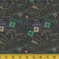 Cotton Travel Passport Stamps Vacation Black Fabric Print by the Yard D476.64