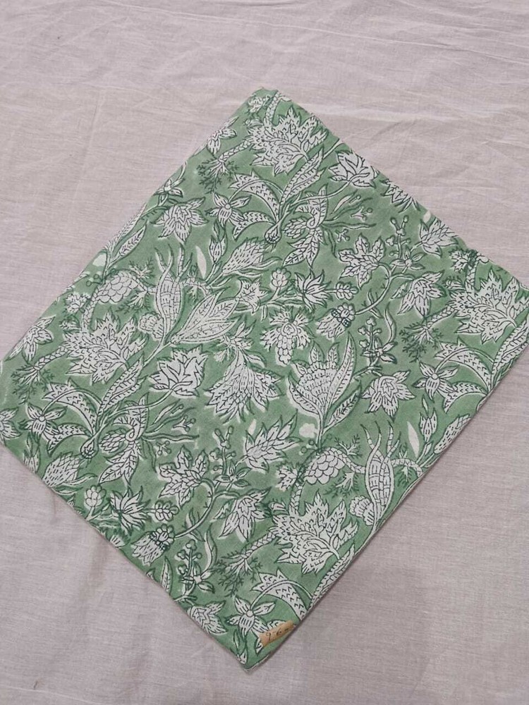 Indian 5 Yard Cotton Handcrafted Hand Block Floral Print Green Fabric