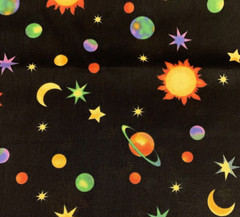 “Cosmos” Solar System Galaxy Fabric By R.E.D & Fabricland Vtg Black Yellow BTY