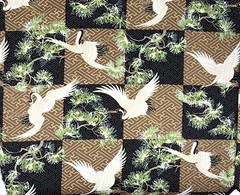 Japanese fabric cranes birds art deco black brown gold heron stork asian chinese