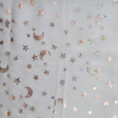 Silver stars and moon on Light Blue stretch Silky Spandex 1yd 12″ x 48