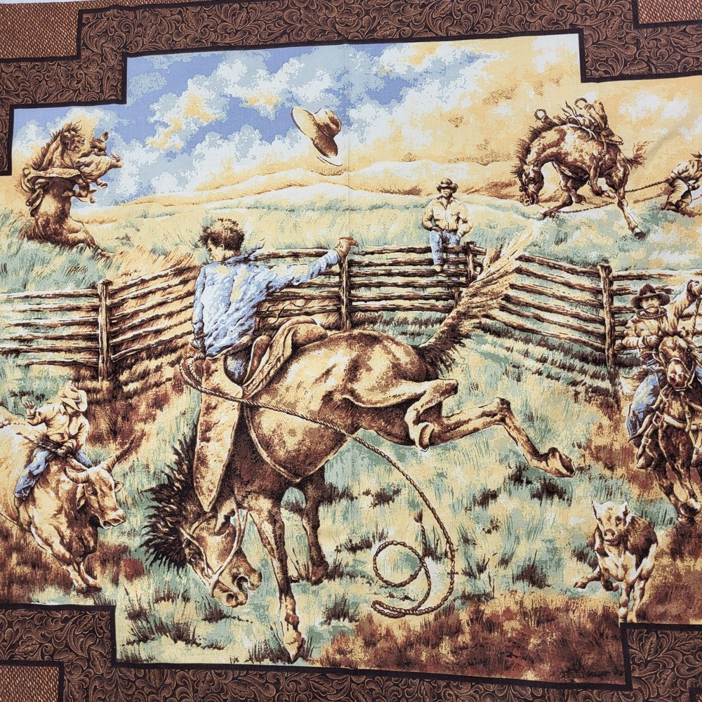 Vintage Western Rodeo Horse Fabric Panel Rodeo Old West Bronco