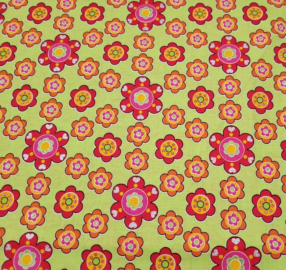 Floral Fabrics BTY General Fabrics Mod Flowers Orange Lime Green Red Silver