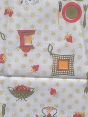 1 yd MCM VTG Gold Avocado Green Red Yellow Kitchen Novelty Fabric Cotton 38″ W