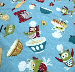 Retro Owls Chef Hats Cooking Kitchen Theme Blue Cotton Fabric BTHY #61