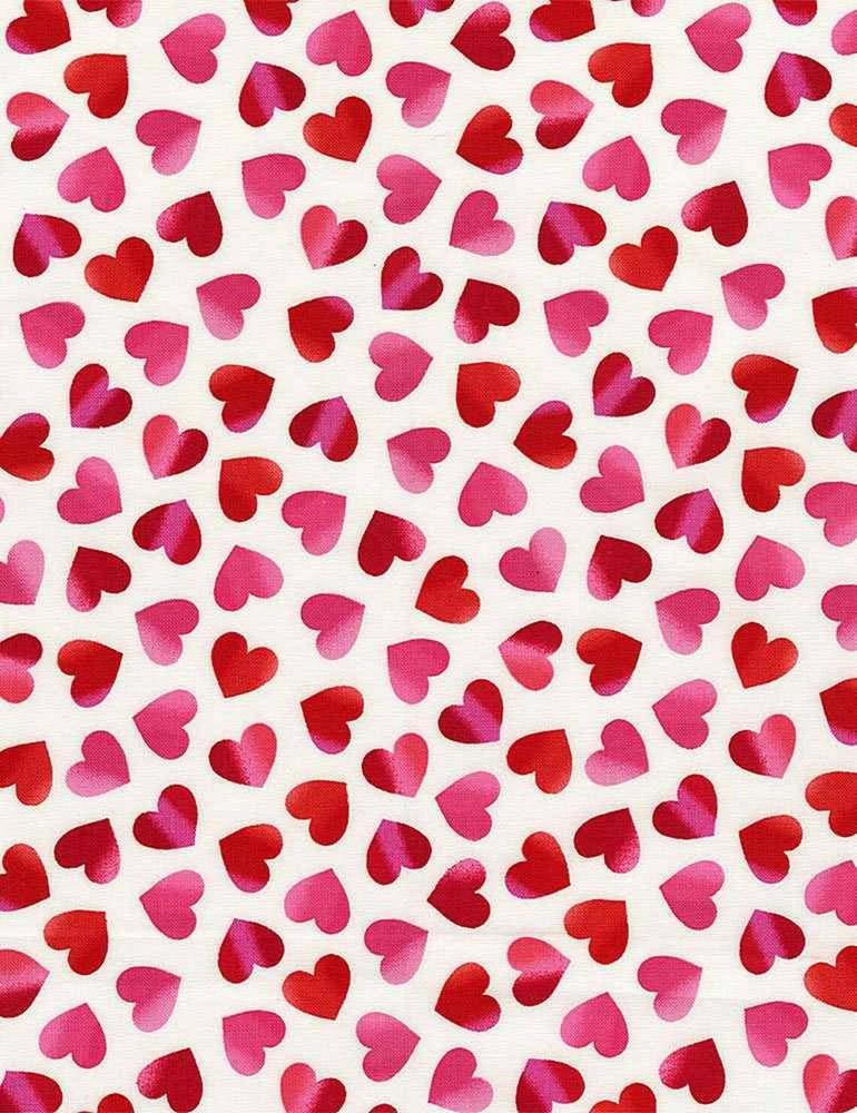 Valentine’s Day Fabric | Pink Red Heart Toss White | Timeless Treasures YARD