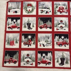 Christmas Red & White Truck Fabric 3 Panels For Quilting Read