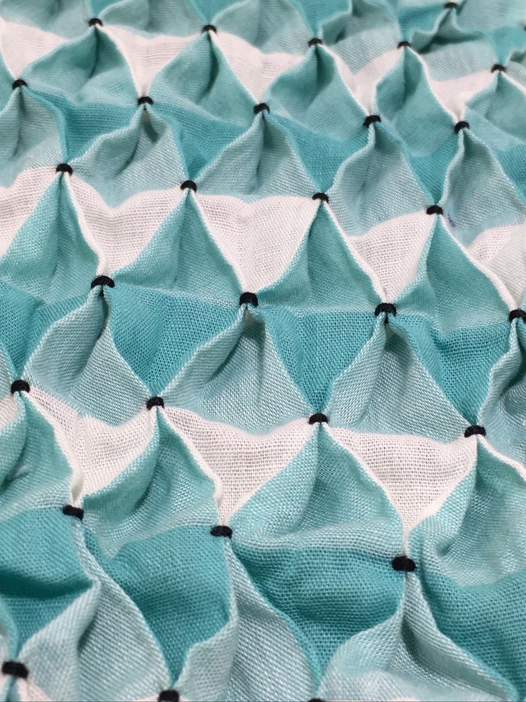 Honeycomb Smocked Unfinished Pillow Cover 15″ x 15″ VTG Aqua Gingham Fabric