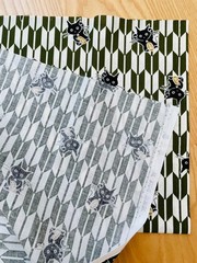 Japanese Cotton Sheeting Fabric Black Cat w/Gold Coin Pattern Green W43″ x L39″