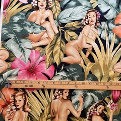 Alexander Henry Fabric Yd Mirage Sexy Pinup Island Girls Hibiscus Palm Leaves