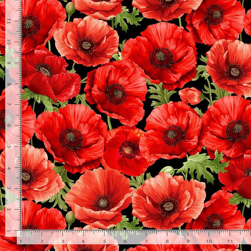 Poppy Passion Floral Fabric | Large Flower Black | Timeless Treasures YARD