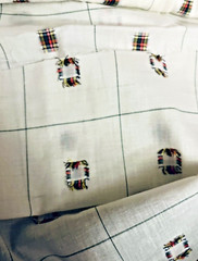 VTG Woven Red Green Yellow Plaid Squares on White Semi Sheer BTHY 60″ X 18″