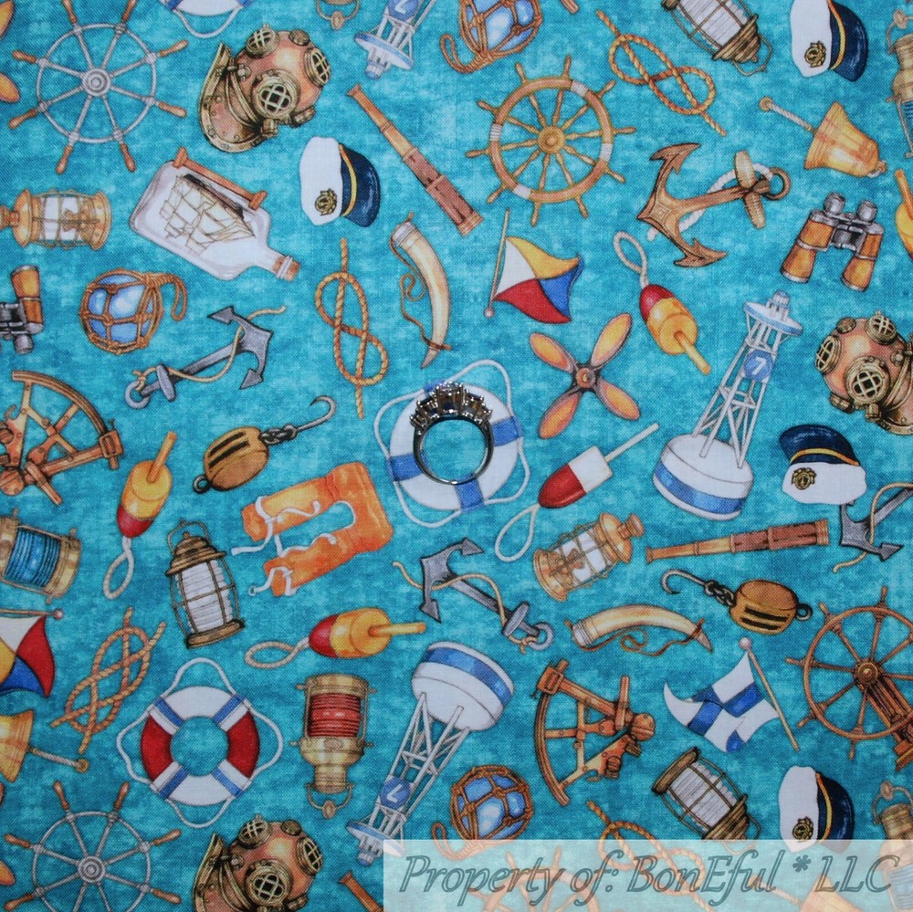 BonEful Fabric FQ Cotton Quilt Blue Teal Red White Navy Marine Water American US