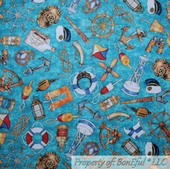BonEful Fabric FQ Cotton Quilt Blue Teal Red White Navy Marine Water American US